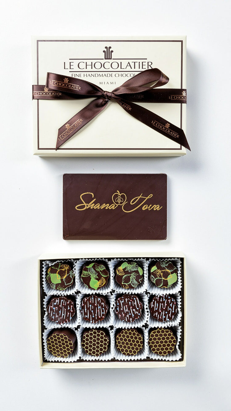 12 PIECE ROSH HASHANAH HOLIDAY FLAVOR TRUFFLE BOX W/ SHANA TOVA CHOCOLATE GREETING