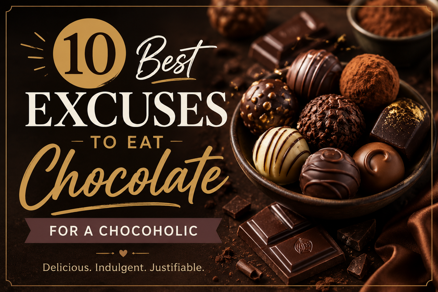Assorted gourmet chocolate truffles and bars with text reading “10 Best Excuses to Eat Chocolate.”