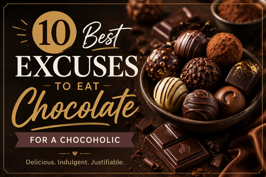 Assorted gourmet chocolate truffles and bars with text reading “10 Best Excuses to Eat Chocolate.”