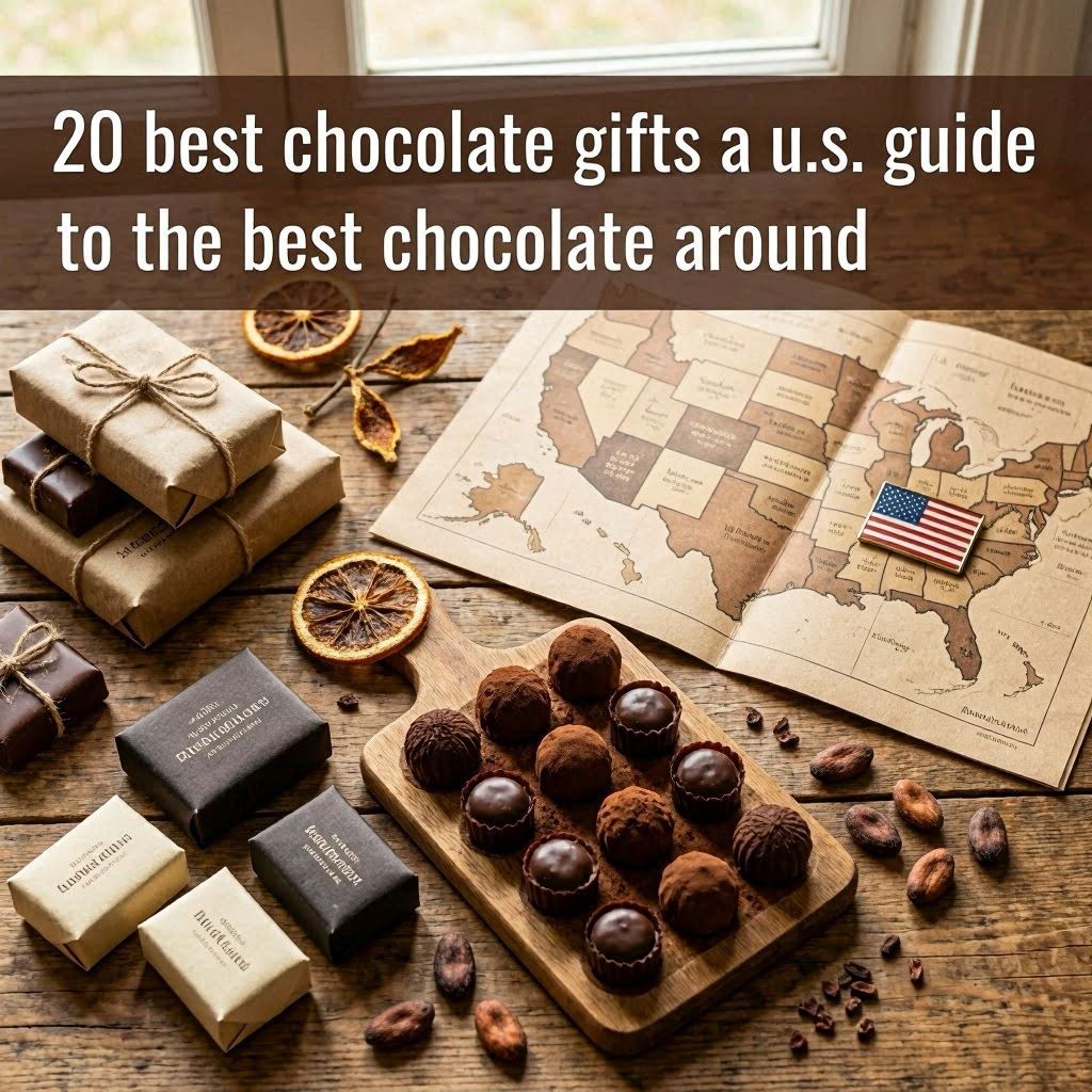 A blog title image with the title of the blog "20 best chocolate gifts, a u.s. guide to the best chocolate around. There are also some images of chocolate truffles, and boxes on a map style background.