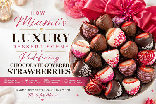 Luxury chocolate covered strawberries platter with pink ribbon and elegant Miami dessert scene text.