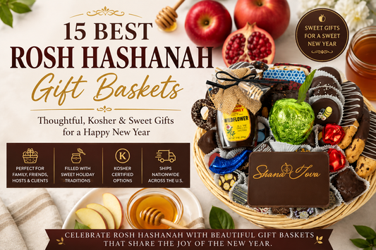 Rosh Hashanah gift basket filled with kosher chocolates, honey, and a Shana Tova chocolate plaque. Blog title 15 best rosh hashanah gift baskets.