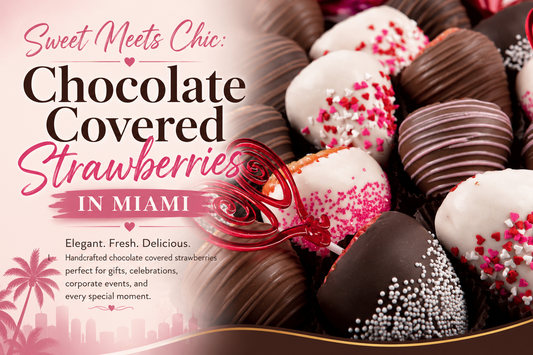 Chocolate covered strawberries blog image with gourmet chocolate dipped strawberries and Miami-themed design.