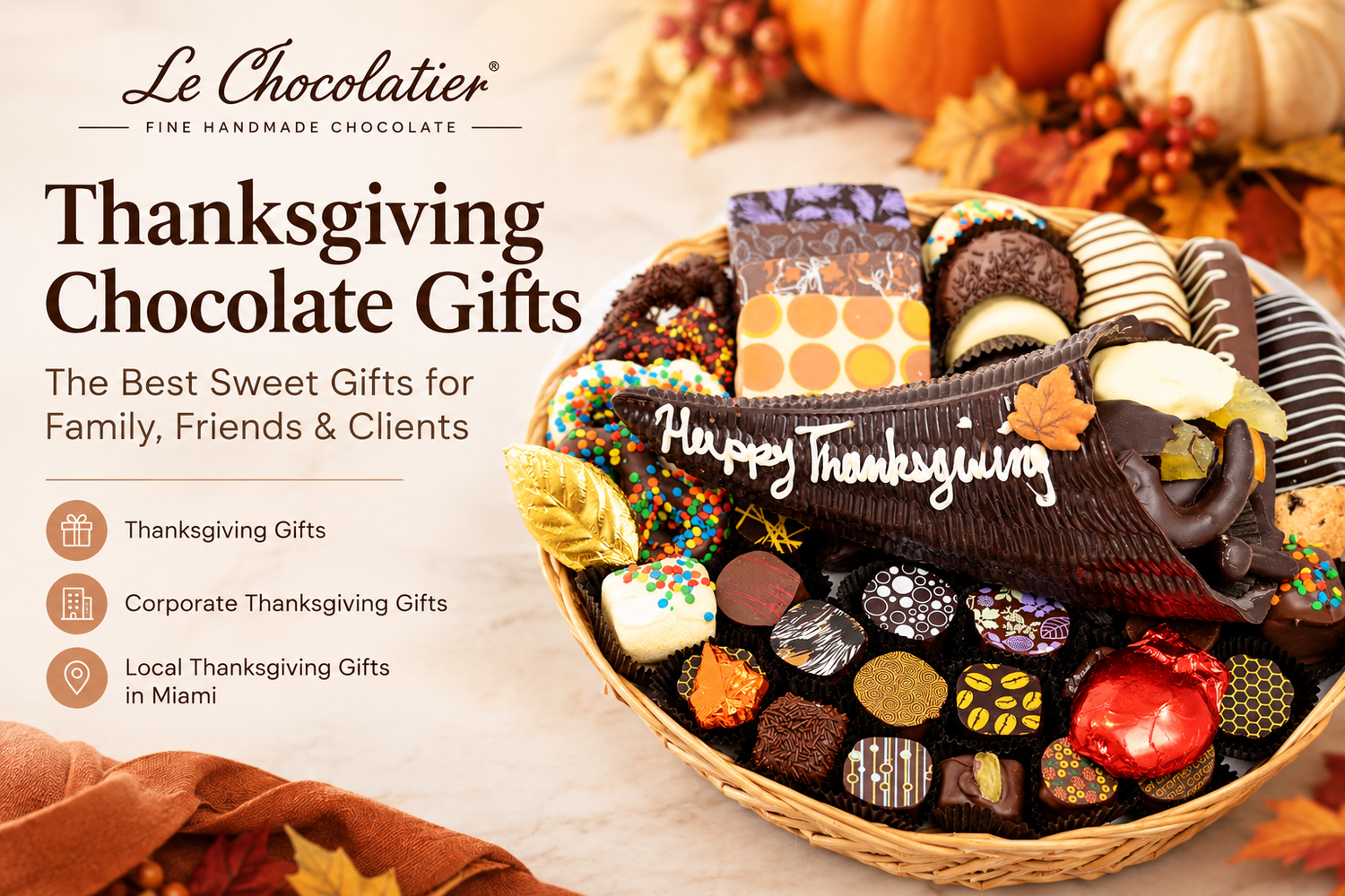 Thanksgiving chocolate gifts basket featuring assorted handcrafted chocolates and a festive chocolate turkey from Le Chocolatier.