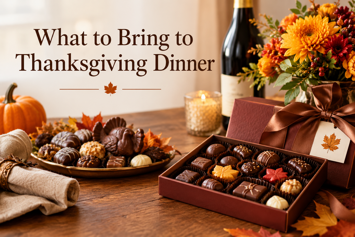 Thanksgiving dinner gift ideas with a festive chocolate assortment and autumn décor.