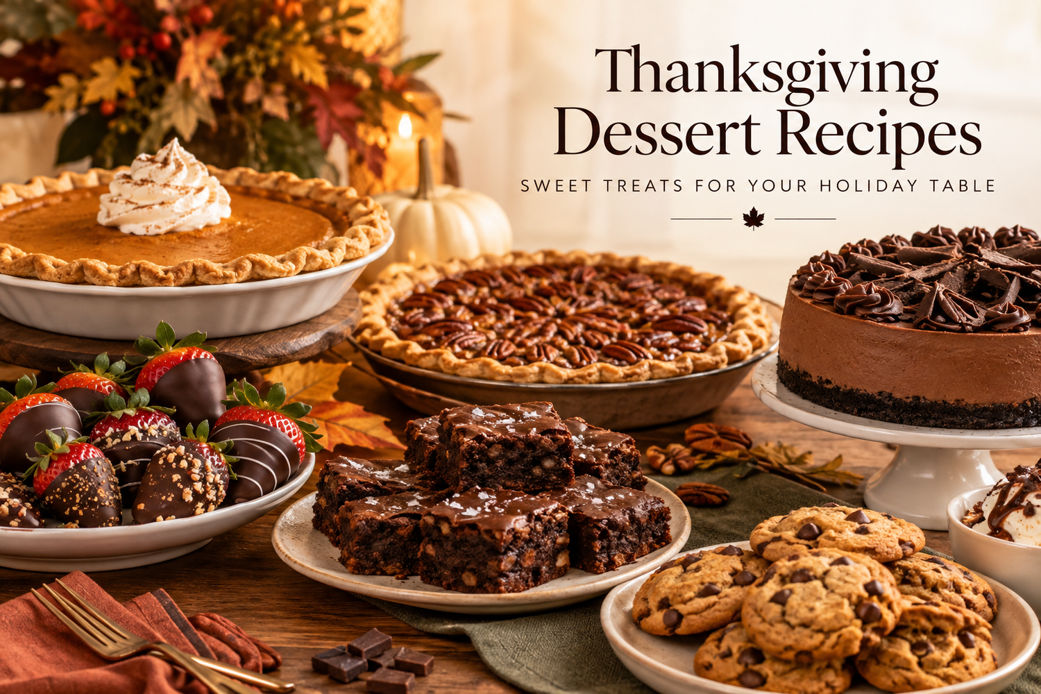 Thanksgiving dessert spread featuring pumpkin pie, chocolate cheesecake, brownies, chocolate-dipped strawberries, and cookies.