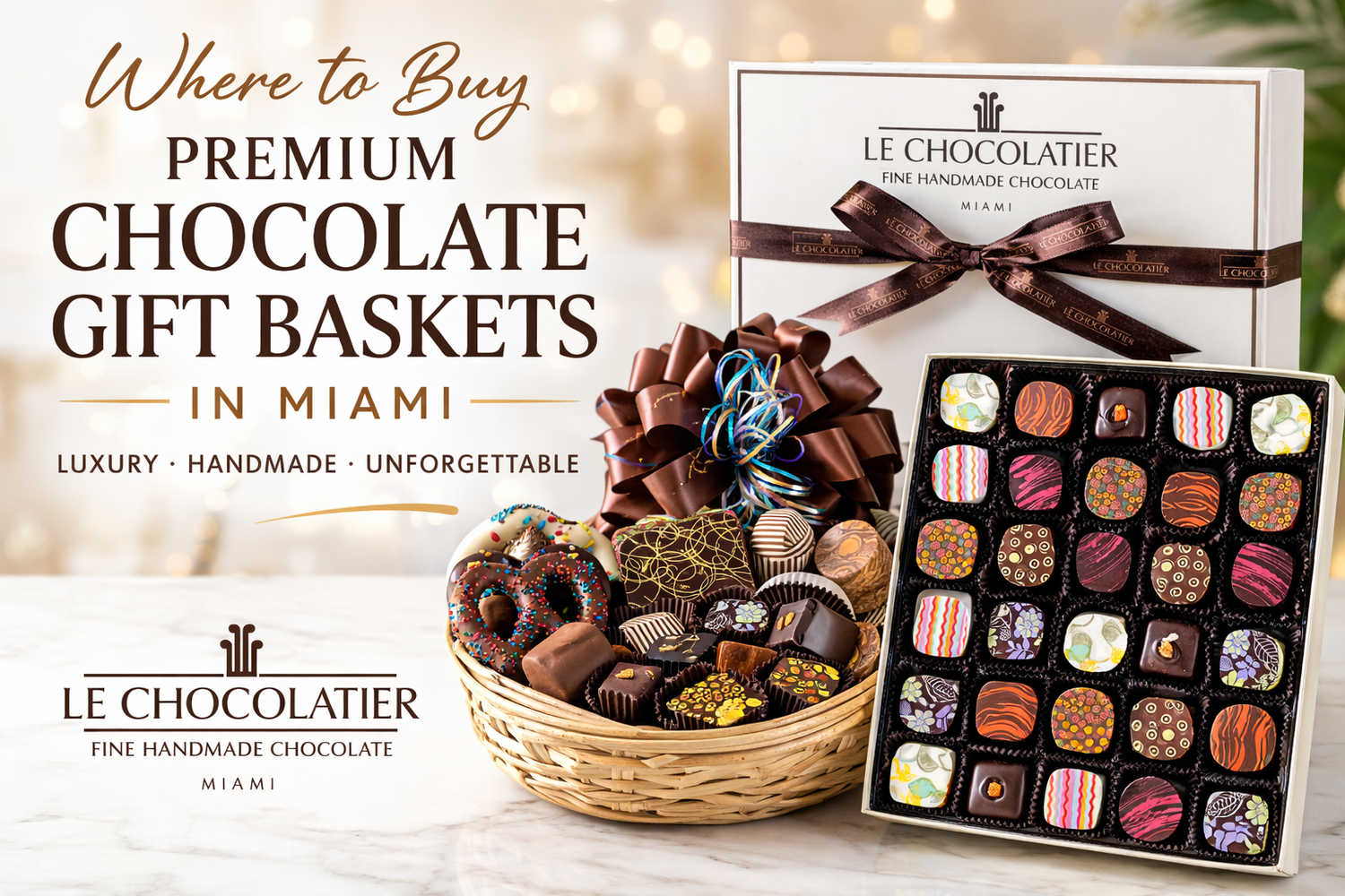 Premium chocolate gift basket and 24-piece assorted truffle box from Le Chocolatier displayed on a table with elegant ribbon packaging and blog title text “Where to Buy Premium Chocolate Gift Baskets in Miami.