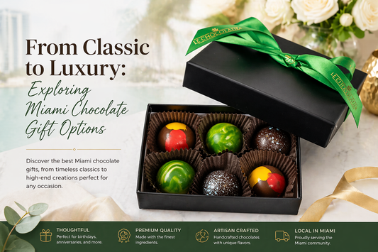 Luxury Miami chocolate gift box featuring six handcrafted artisan chocolates in a sleek black box with a green ribbon, styled as an elegant blog header showcasing premium chocolate gifting options.