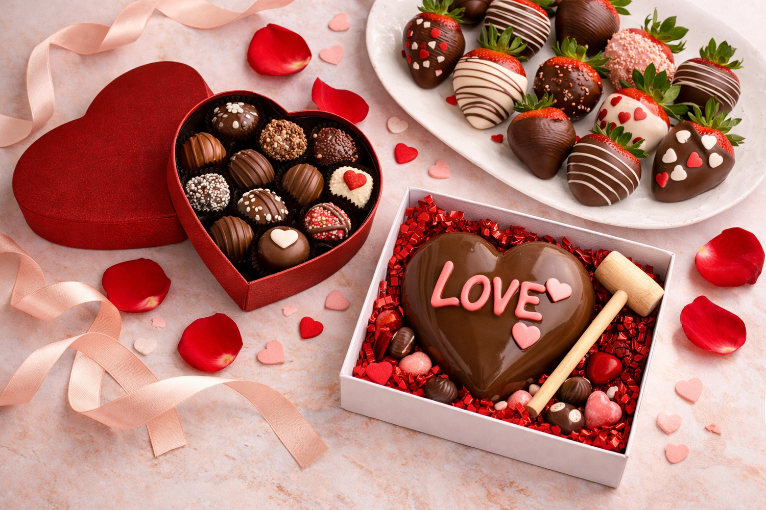 Valentine’s Day chocolate gifts featuring heart-shaped truffles, chocolate-dipped strawberries, and a chocolate heart smash box from Le Chocolatier