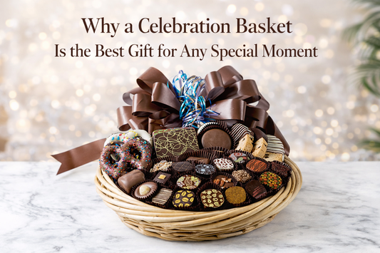 Luxury chocolate celebration basket filled with assorted truffles, chocolate-covered treats, and pretzels, displayed with the title “Why a Celebration Basket Is the Best Gift for Any Special Moment.”