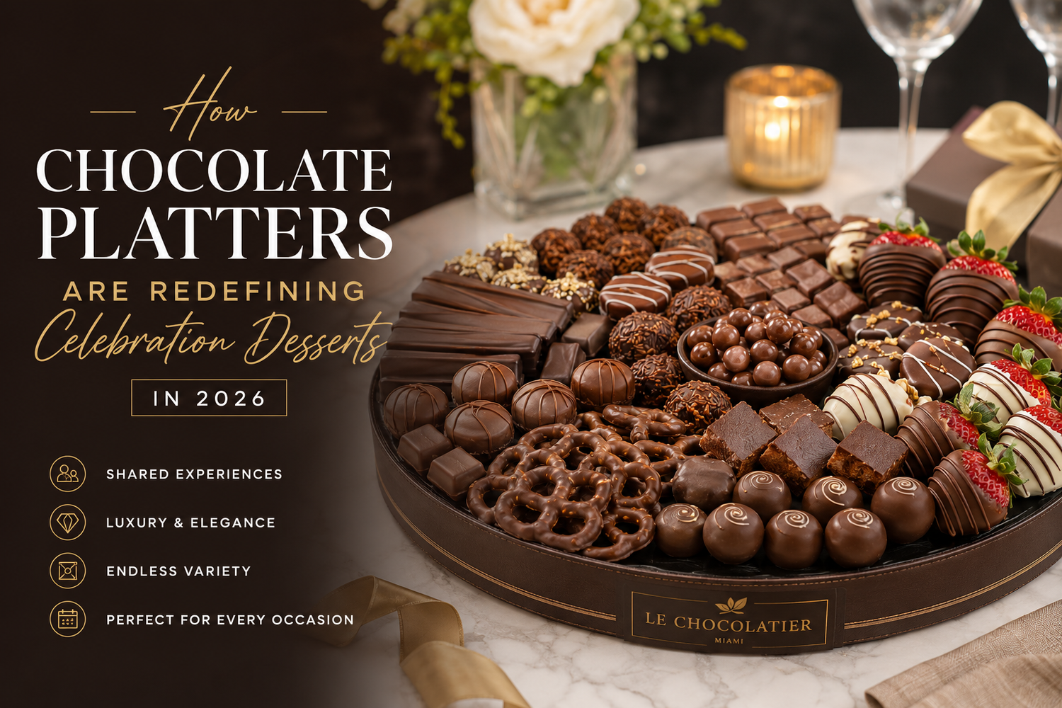 Elegant gourmet chocolate platter featuring assorted truffles, chocolate-covered strawberries, pretzels, cookies, and premium chocolates with the headline "How Chocolate Platters Are Redefining Celebration Desserts in 2026.