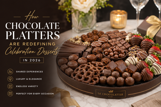 Elegant gourmet chocolate platter featuring assorted truffles, chocolate-covered strawberries, pretzels, cookies, and premium chocolates with the headline "How Chocolate Platters Are Redefining Celebration Desserts in 2026.