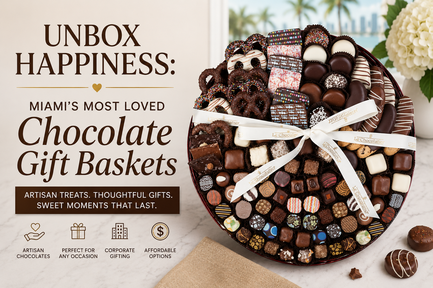 Luxury chocolate gift basket filled with artisan chocolates, pretzels, cookies, and gourmet treats alongside the title "Unbox Happiness: Miami's Most Loved Chocolate Gift Baskets.
