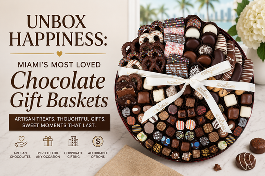 Luxury chocolate gift basket filled with artisan chocolates, pretzels, cookies, and gourmet treats alongside the title "Unbox Happiness: Miami's Most Loved Chocolate Gift Baskets.