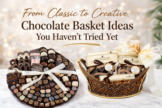 Gourmet chocolate platter and luxury gift basket from Le Chocolatier with blog title “From Classic to Creative: Chocolate Basket Ideas You Haven’t Tried Yet” displayed on an elegant background.
