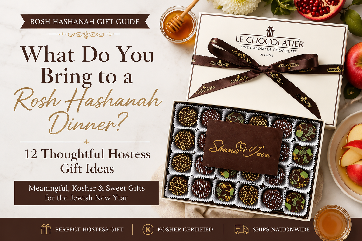 Rosh Hashanah chocolate gift box with assorted kosher chocolates and a “Shana Tova” chocolate plaque.