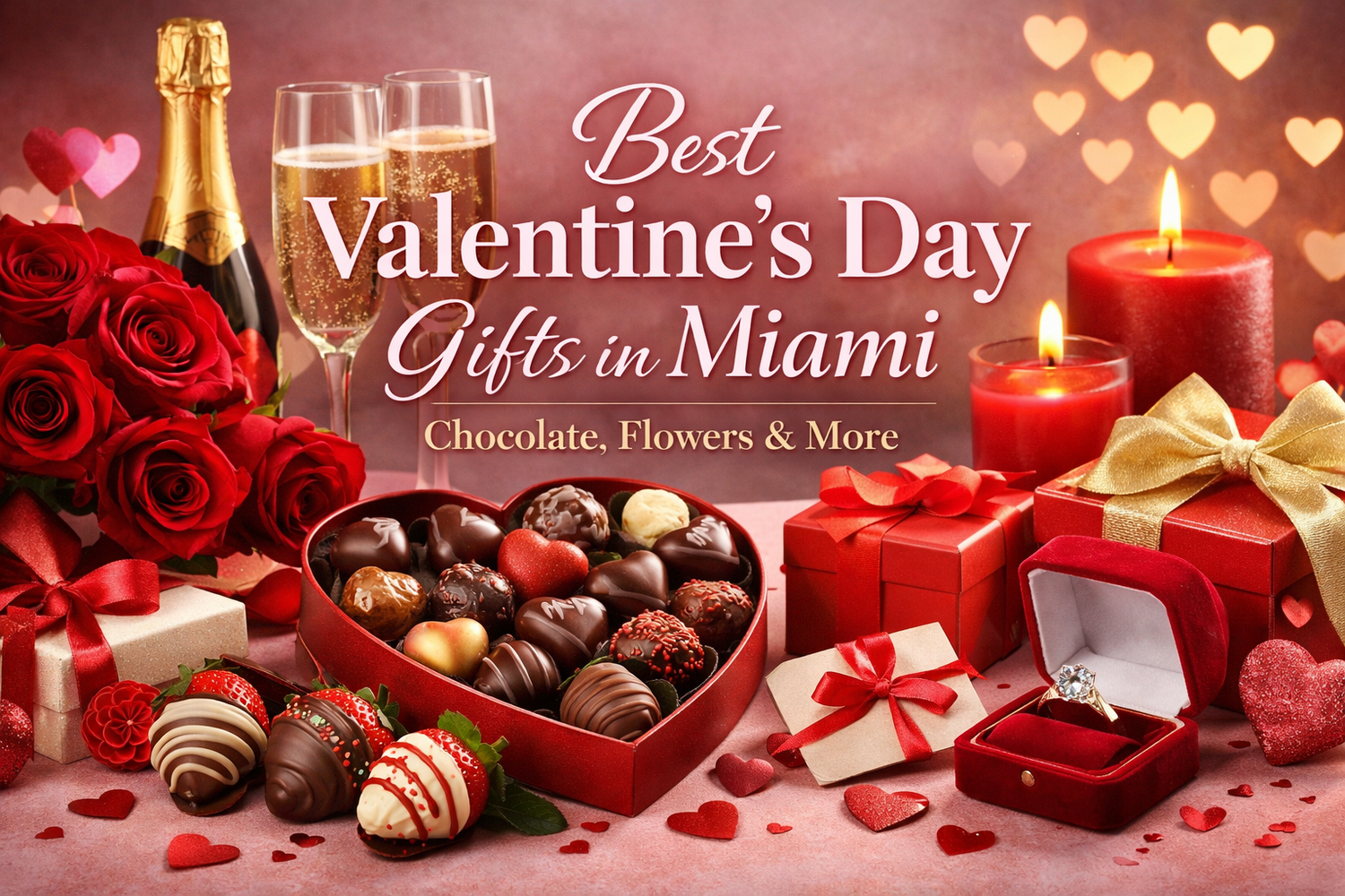 Valentine’s Day gift display in Miami featuring gourmet chocolates, heart-shaped chocolate box, roses, champagne, candles, and romantic gifts.
