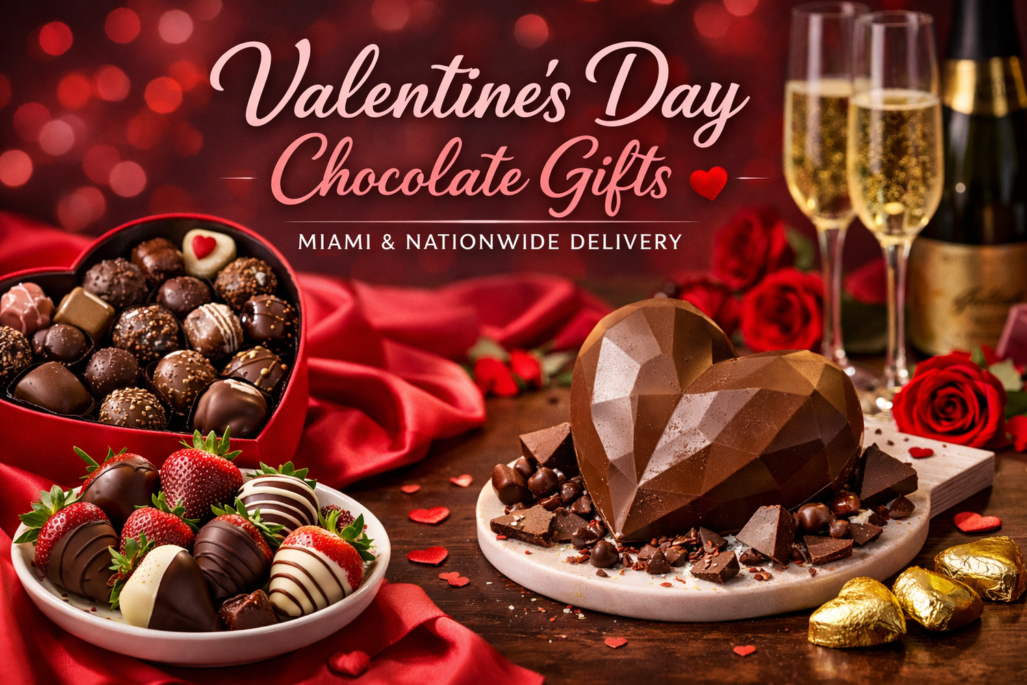 Valentine’s Day chocolate gifts with gourmet chocolates and chocolate-covered strawberries.