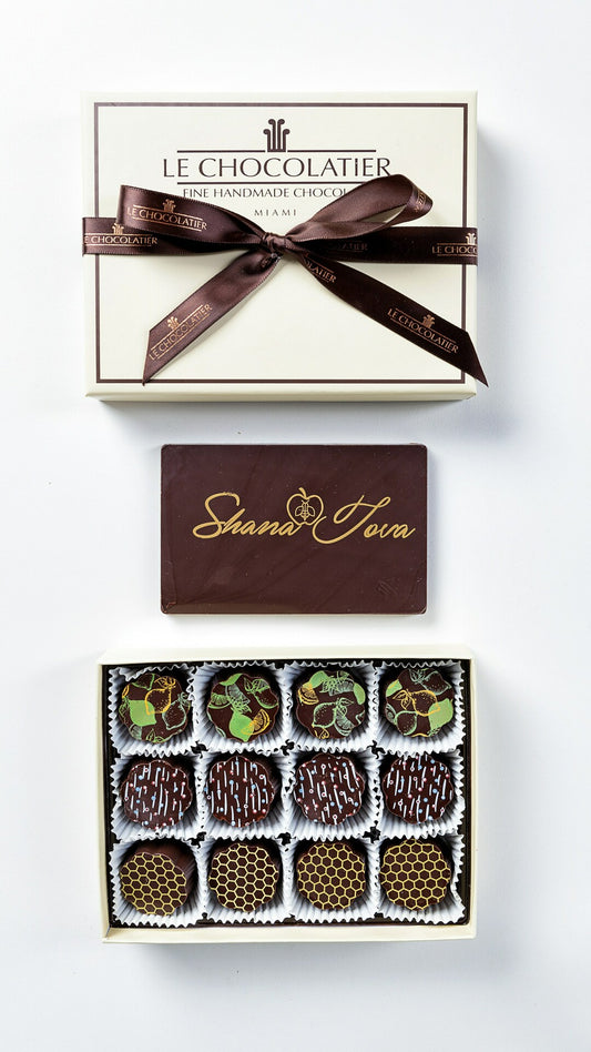 12 PIECE ROSH HASHANAH HOLIDAY FLAVOR TRUFFLE BOX W/ SHANA TOVA CHOCOLATE GREETING