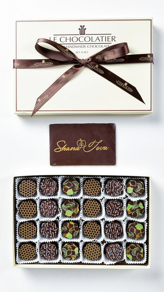 24 PIECE ROSH HASHANAH HOLIDAY FLAVOR TRUFFLE BOX W/ SHANA TOVA CHOCOLATE GREETING