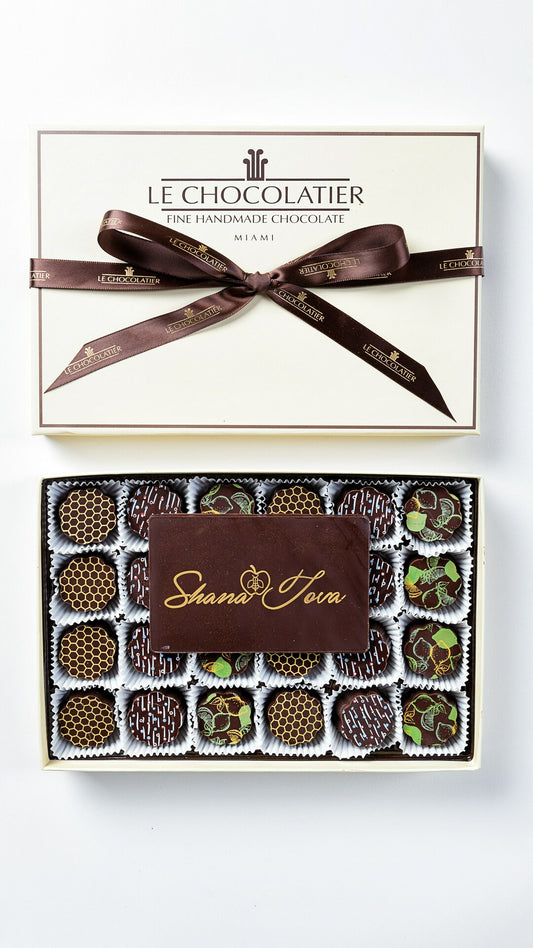 24 PIECE ROSH HASHANAH HOLIDAY FLAVOR TRUFFLE BOX W/ SHANA TOVA CHOCOLATE GREETING