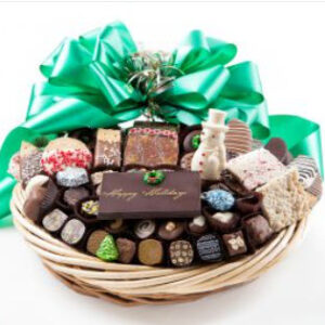 Bskt has 76 truffles, chocolates, cookies, pretzels, chocolate plaque - Happy Holidays & snowman, foil cvrd snowflakes & trees