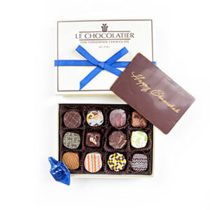 Box of 12 truffles. A chocolate plaque with Happy Chanukah & a foil wrapped chocolate dreidel