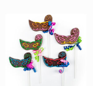 5 Hand painted solid chocolate mask pops, each is individually wrapped in cello & colorful ribbon.