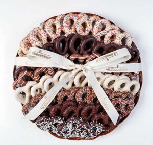 Platter has 40 choco cvrd pretzels, with sprinkles & choco drizzle. Pretzels are kosher with OU cert