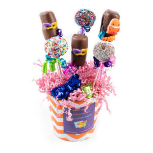 Box of 6, MM Pops & Cake Pops, deco for Purim. Solid choco foil-cvrd pieces. Sig ribbon & foil mask