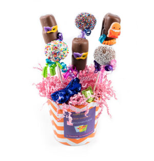 Box of 6, MM Pops & Cake Pops, deco for Purim. Solid choco foil-cvrd pieces. Sig ribbon & foil mask