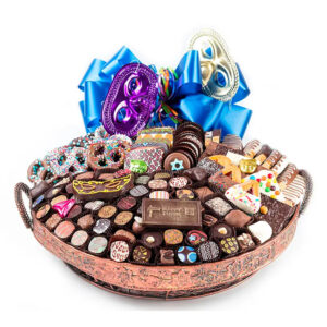 100 truffles, choco, cookies & pretzels Choco Hmntschn, Happy Purim plqe, foil cvrd masks & Hmntschn