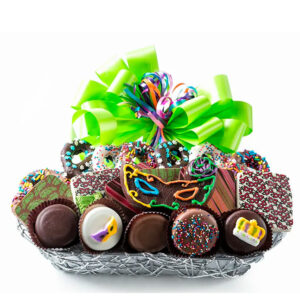 21 pc of choco cvrd cookies & pretzels. Nestled in a whimsical metallic silver twine breadbasket