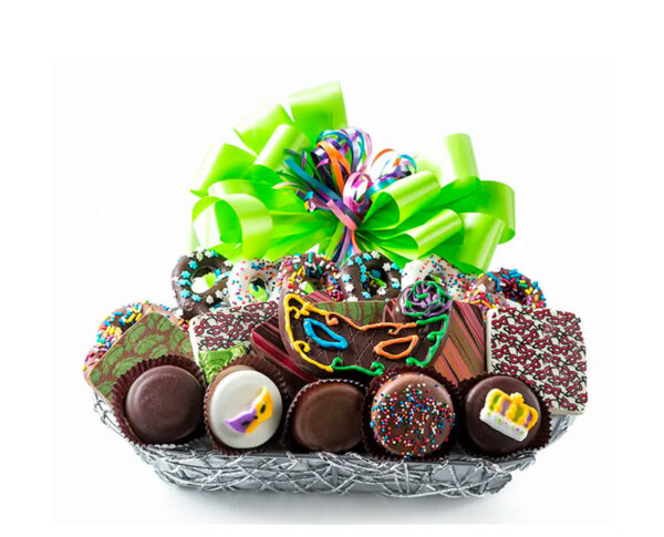 21 pc of choco cvrd cookies & pretzels. Nestled in a whimsical metallic silver twine breadbasket