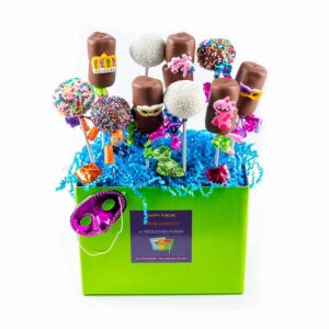 Box of 10, MM Pops & Cake Pops, deco for Purim. Solid choco foil-cvrd pieces. Sig ribbon & foil mask