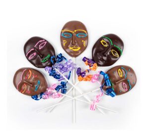 Hand-painted, Solid chocolate, Purim decorated harlequin mask pops, single-wrap. 5 pops per unit