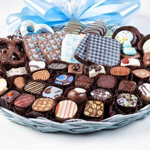 55 pc choco, truffles, dipped cookies & pretzels in baby color themes, 14-inch pink platter & bow