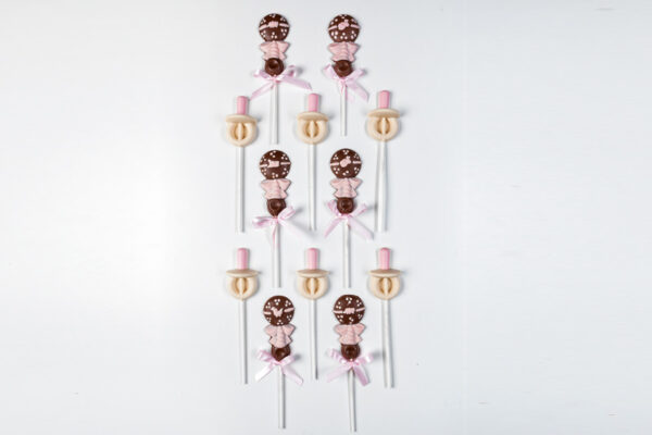 12 Sweet baby rattle & pacifier pops. 6 milk chocolate & 6 white chocolate, or state your preference