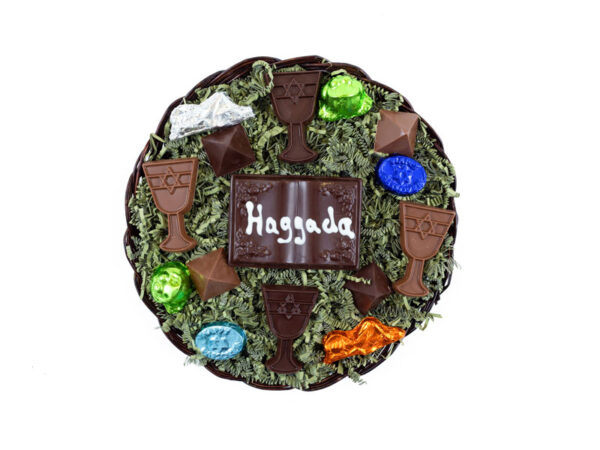 Platter - chocolate Haggadah, Wine Cups, Pyramids, foil wrap Frogs, Locusts, & oval Passover pieces