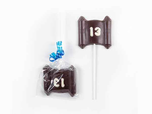 Chocolate Torah lollipops. Each Torah scroll has the number 13 on it to mark your very special day.