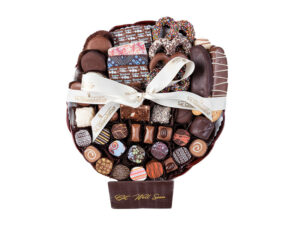 12in get well platter has dipped pretzels, covered Grahams, covered Oreos, nut bark & 24 chocolates & truffles.