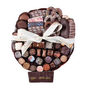 12in get well platter has dipped pretzels, covered Grahams, covered Oreos, nut bark & 24 chocolates & truffles.
