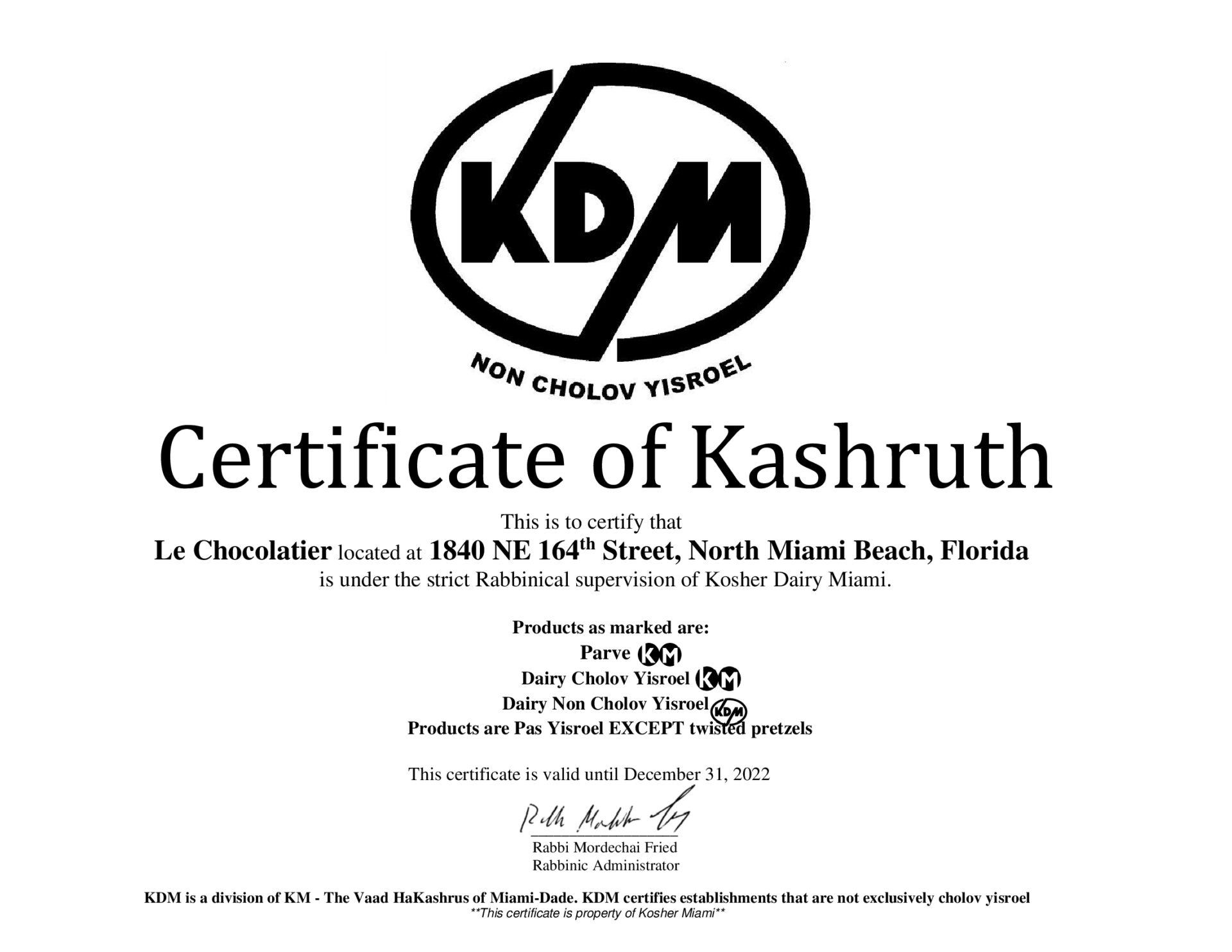 Kosher Certificate Passover 2022